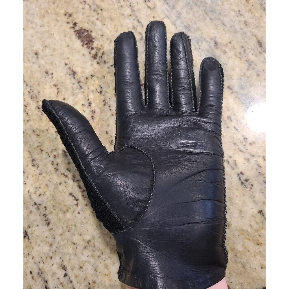 Vintage Size M 7 Black Leather And Knit Handmade Gloves Hammer Of Hollywood